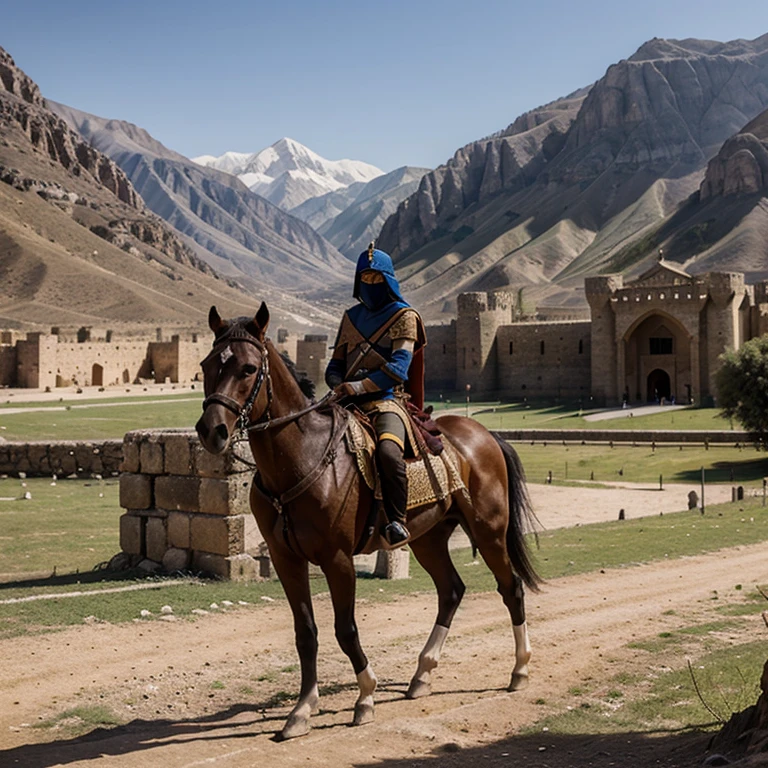 20 ancient Arabian masked soldiers next a big castle on the mountains