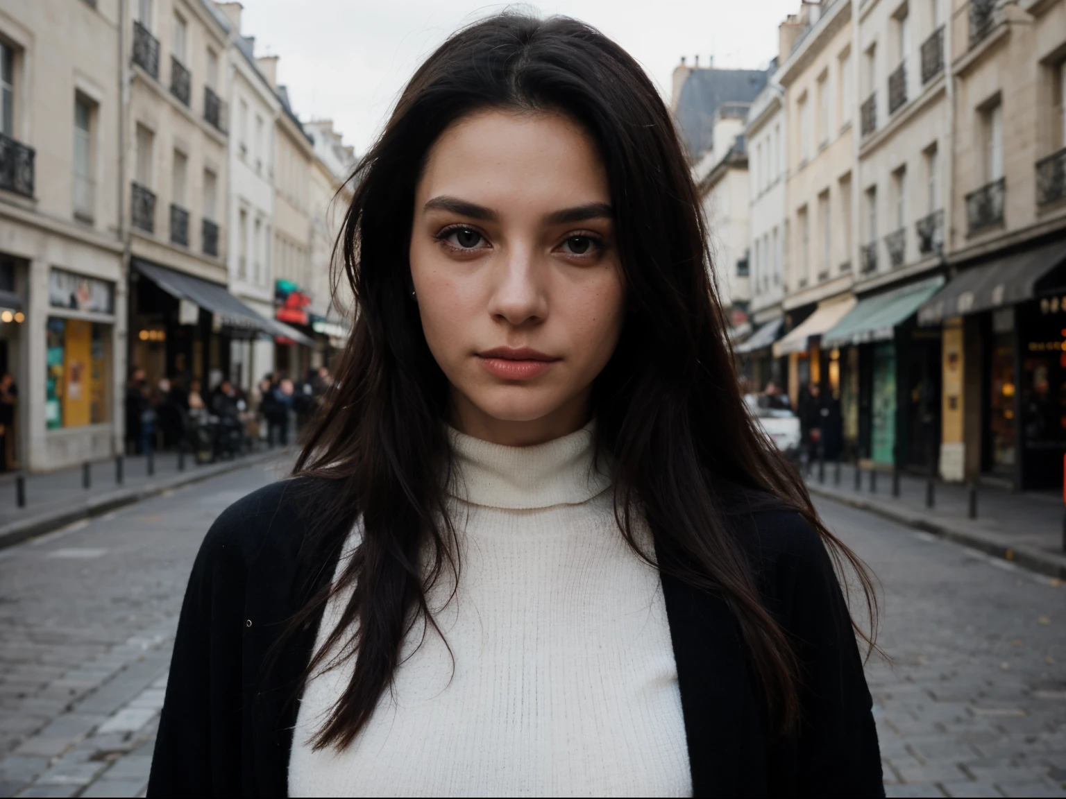 Beautiful fashion models, very long black hair luxury, clear eyes, red turtleneck sweater, face view, portrait close up, paris street background, black and white film, photography quality, high detail, high quality, RAW photo