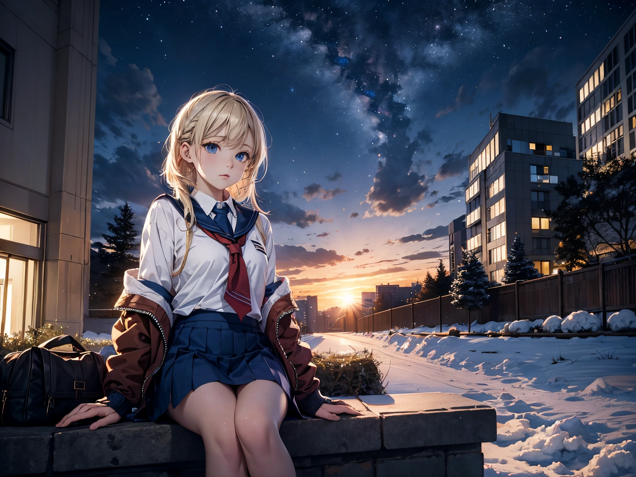 masutepiece,8K,octans, Skysky, stele(Skysky), landscapes, starrysky, natta, 1girl in, nigh sky, report, plein air, built, ​​clouds, milkyway, sitting on, 城市, silhuette, Cityscape,(Short, Low twin-tailed blonde hair:1.2),(Deep Blue Eyes:1.3),(winter school uniform:1.1)