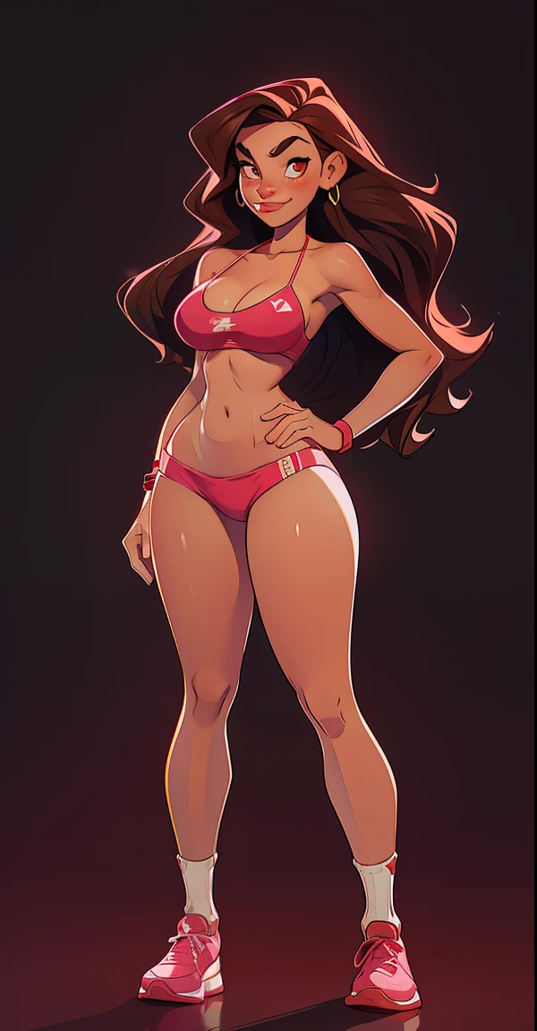 1woman, wavy brown hair, Red Eyes, Sly face , smirk , Pink bikini  , tummy, large boobs, elongated legs , stand on your hips... ,  sock , sneakers , On the train , nighttime