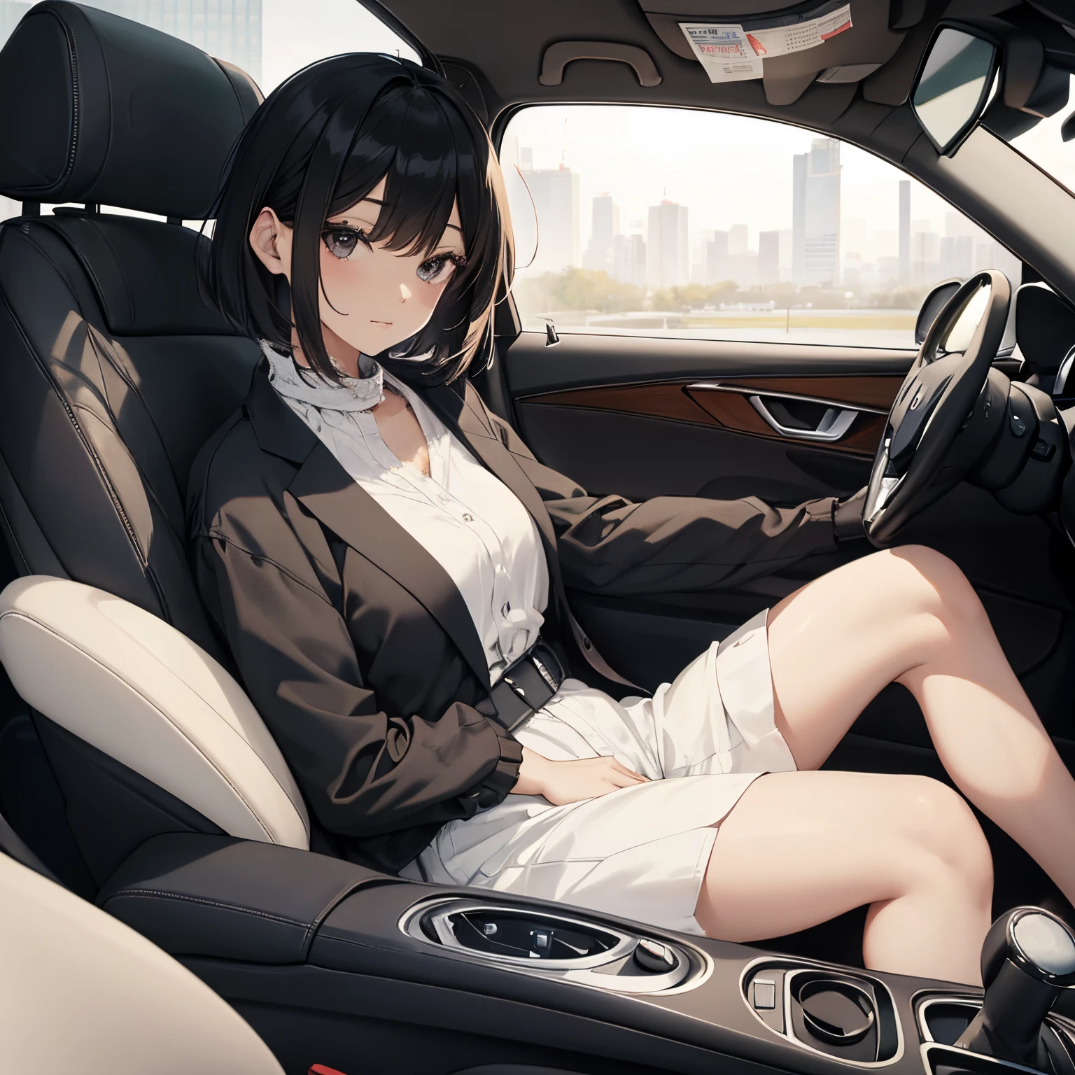 araffe woman sitting in a car seat with a cell phone, a picture by Sengai, instagram, shin hanga, sakimichan, with short hair,