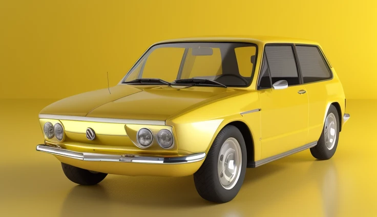 um close de um carro amarelo em um fundo branco, carros realistas, Altamente detalhado Hyper Real Retro, amarelo, giorgetto giugiaro, alta poli vray, carro finamente detalhado, 3ds max renderizado, carro altamente detalhado, vray render super realista, 3 ds max + vray, esquema de cores amarelo, esquema amarelo,fundo branco,vw brasilia,roda gaucha