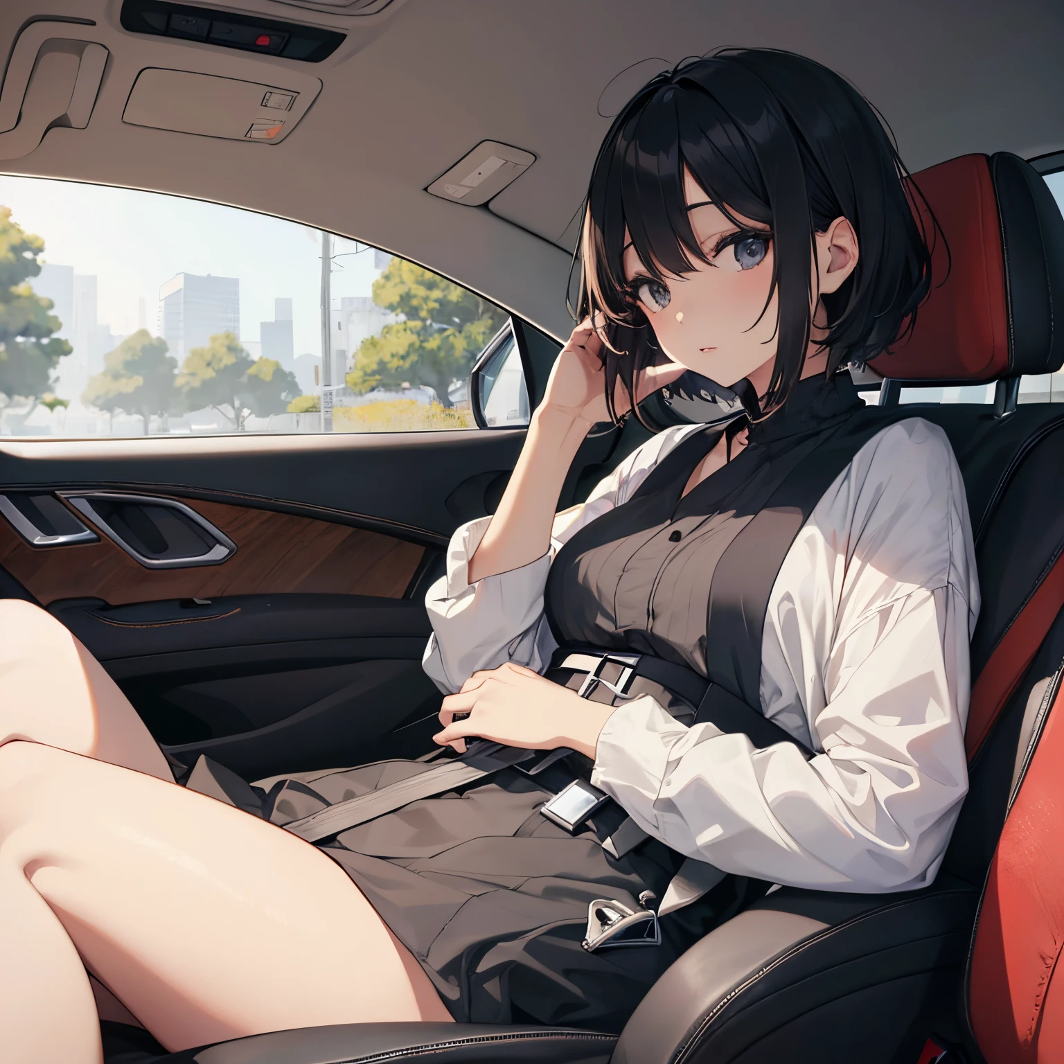 araffe woman sitting in a car seat with a cell phone, a picture by Sengai, instagram, shin hanga, sakimichan, with short hair,