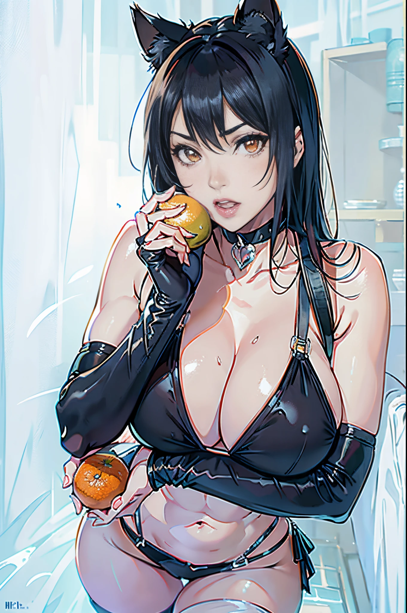 araffe in a black bikini and cat ears holding an orange, tifa lockhart, seductive tifa lockhart portrait, glamorous tifa lockheart, tifa, tifa lockheart, deayami kojima, ayami, seductive anime girl, portrait of tifa lockhart, nico robin, mayuri shiina, very sexy woman with black hair, japanese goddess