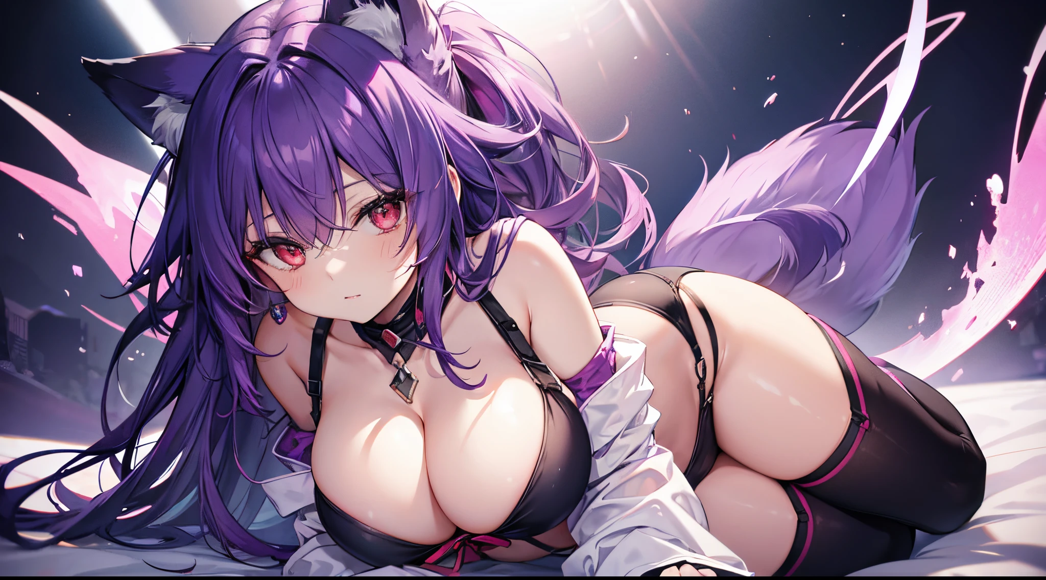 foxgirl, D cup breasts, purple hair, masterpiece , red eyes, hd, head in breasts, smothered in breasts