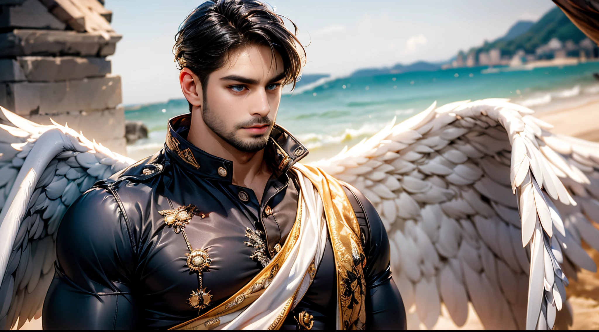 (best quality,ultra-detailed,realistic:1.37), Daegan, dark-tanned skin,2 angel wings,blue eyes,small beard, medium-long haircut,casual clothing, man stance,illustration,vibrant colors, classic outfit.