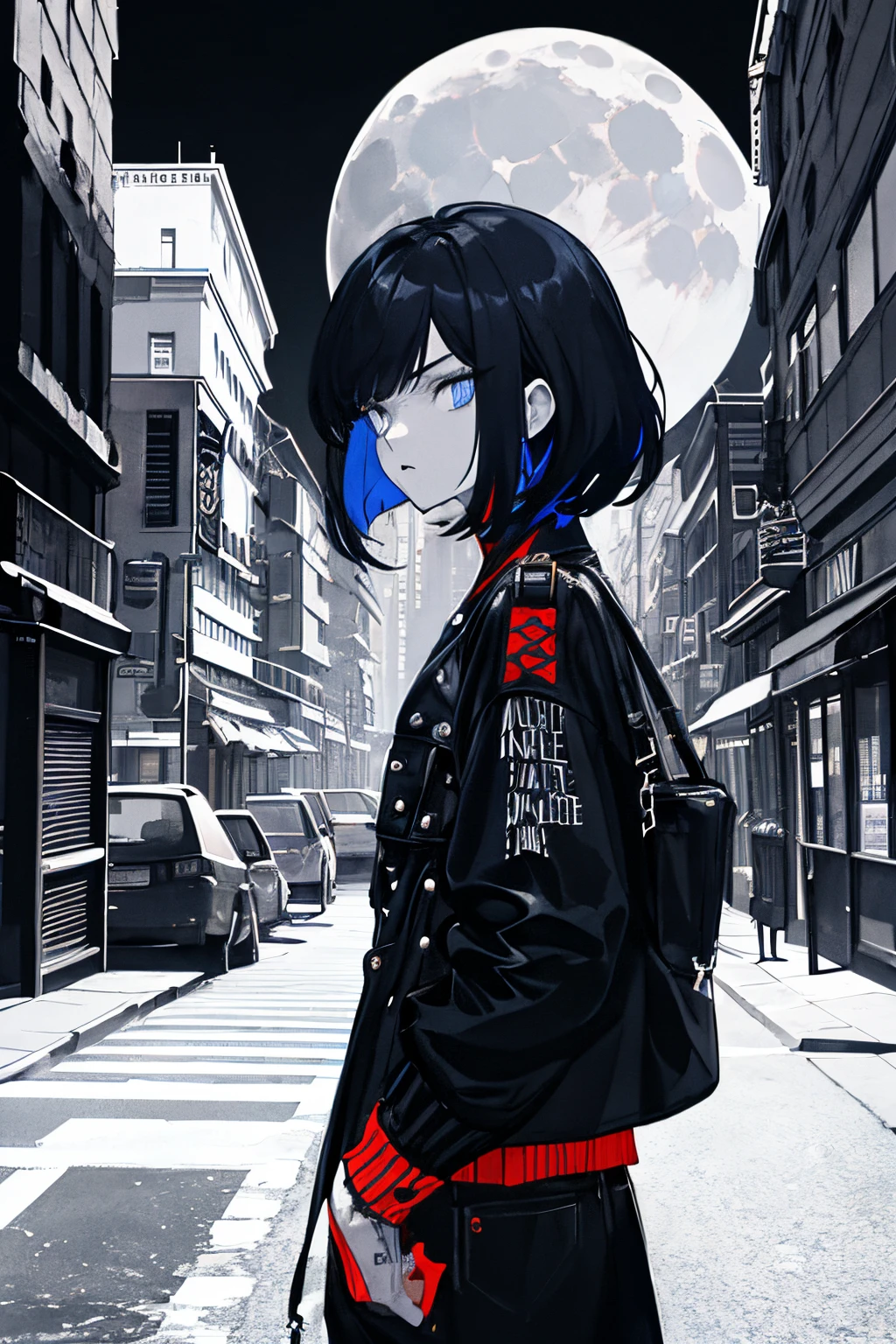 (moon in background),Movie Poster Style, Specific text, Strong color contrast, Stunning composition, bold and trendy, , which are full of confidence, street scene,english text, Bold fashion,Confident attitude,Women's Empowerment,Street style, Fashion,bold typography,high,Contrast Color, Clothing,Eye-catching composition,The atmosphere of the cityscape,