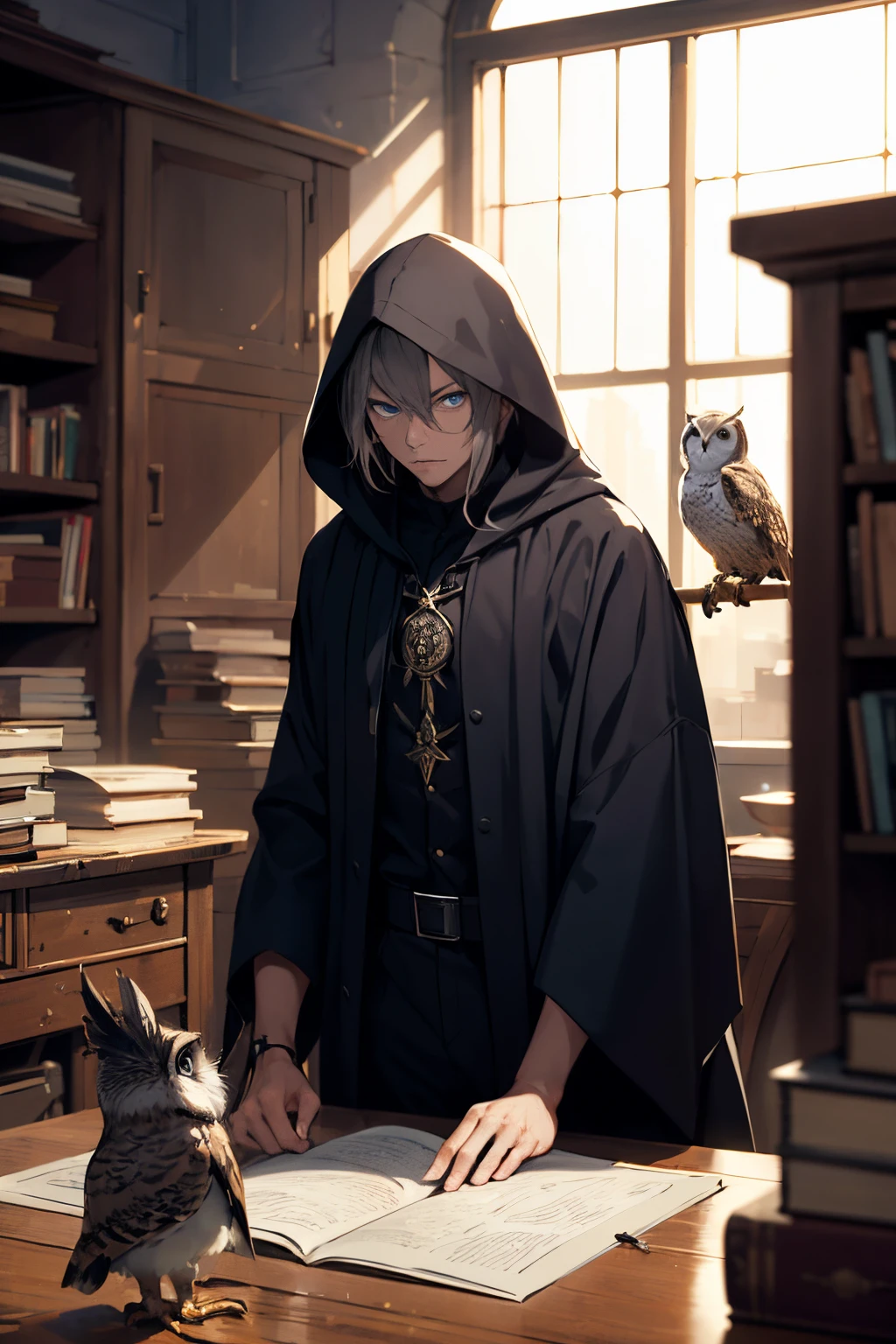 man mysterious elf assassin arcane trickster rogue dark robe hooded black short hair, blue eyes, with a dagger in his hand in his desk and with an owl in his showlder