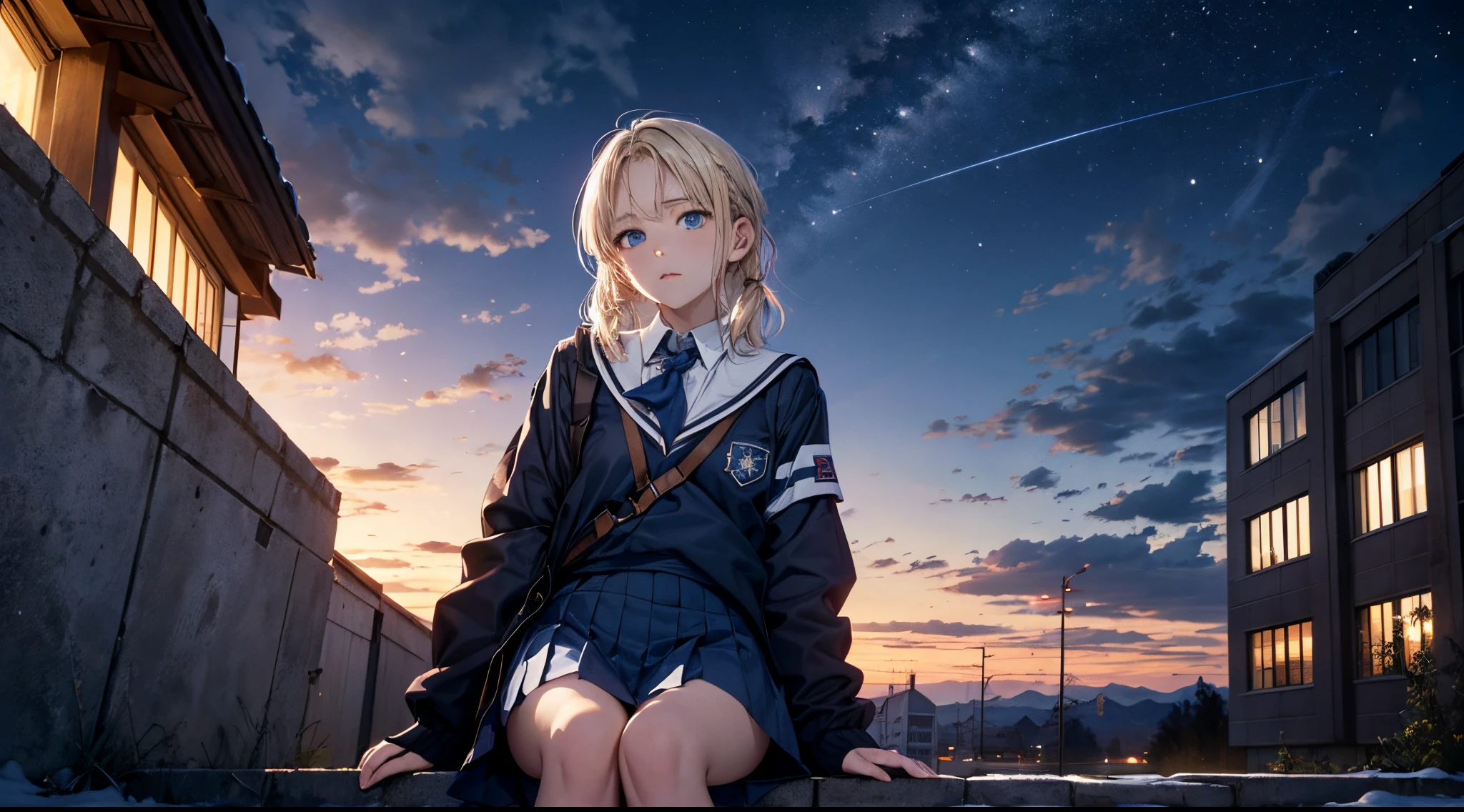 masutepiece,8K,octans, Skysky, stele(Skysky), landscapes, starrysky, natta, 1girl in, nigh sky, report, plein air, built, ​​clouds, milkyway, sitting on, 城市, silhuette, Cityscape,(Short, Low twin-tailed blonde hair:1.2),(Deep Blue Eyes:1.3),(winter school uniform:1.1)