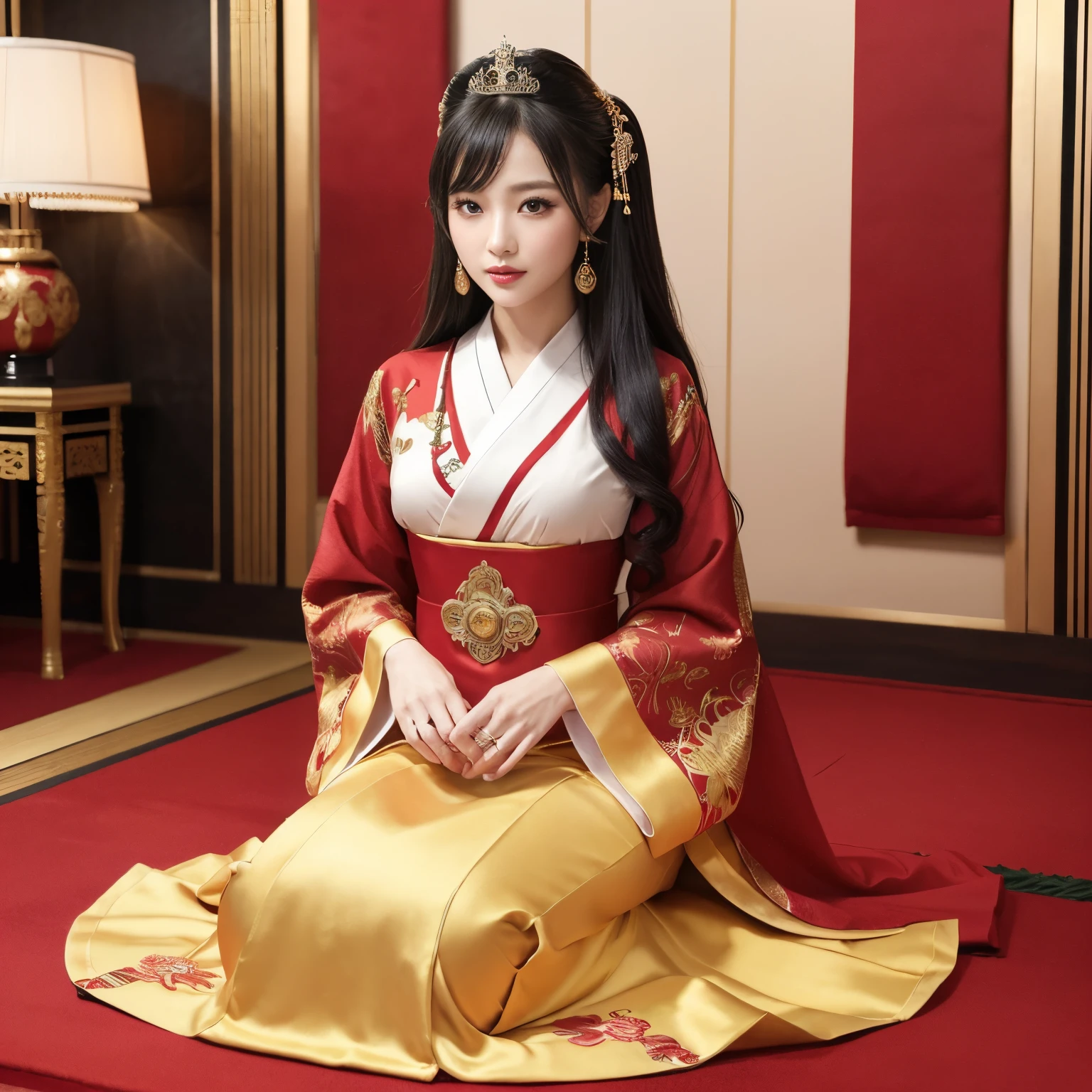 ((top-quality、masutepiece、8K、Top image quality、Very complex and detailed details))、1 Princess、 One Princess、Oiran costume、Luxury and gorgeous long-sleeved kimono、Luxurious hair ornaments、Perfect makeup、perfect princess hairstyle、apply white powder、red lipsticks、long eyelashes、Luxurious interior、the most luxurious and gorgeous royal family、unimaginable luxury、Golden decoration、Golden Screen、The most gorgeous and luxurious bedroom、the most luxurious and complex royal family、everything in the room is nice、gorgeous king'room with at、Deep red velvet carpet with embroidery、very high quality and expensive curtains、artistic and intricate decoration、Gorgeous bedroom、Atmosphere of the Heian period、Beautiful Niwa-lacquered pillars、the most luxurious and luxurious royal family、Heian Keio family、Japan in the 800s、Heian period、Perfect reproduction of Japan'Heian period、Take a photo of her from the knees up、Perfect gas chamber、smil