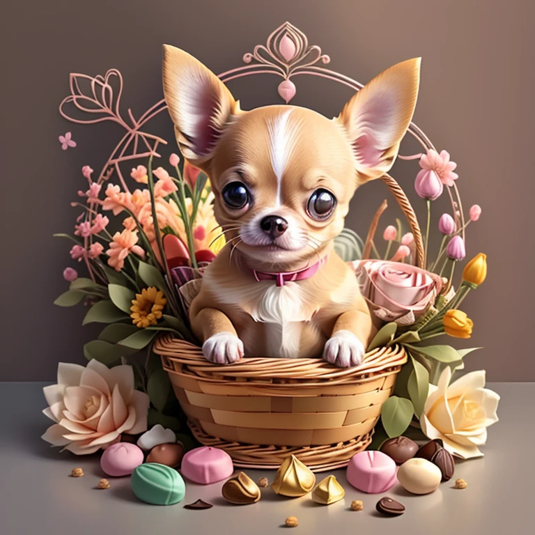 (cute baby chihuahua smiling with basket of chocolates and flowers) Munchkin,Geometric multidimensional wall portrait, livro de arte, Tchibi,
Yang08k, Beautiful, Colouring,
Obras, of the highest quality, best quality, Arte Oficial, Beautiful and Aesthetic,