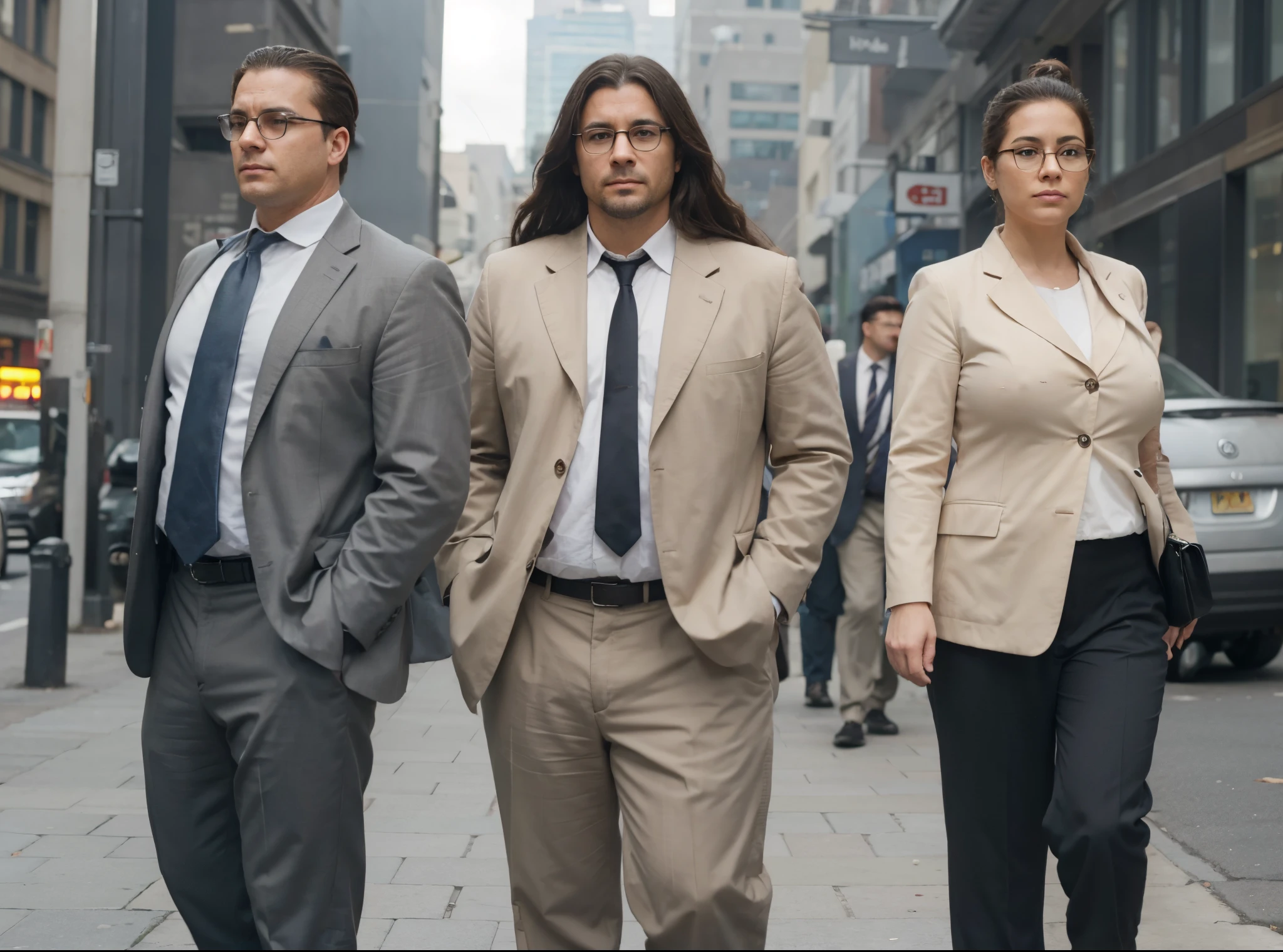 In a world of crime and corruption, three street detectives stand out as the last line of defense. The man with a low bun and glasses, with his sharp intellect and keen eye for detail, leads the group. The other man, with neat hair and a calm demeanor, provides a steady hand and quick reflexes. And the rather fat woman with long hair, with her street smarts and no-nonsense attitude, completes the trio.