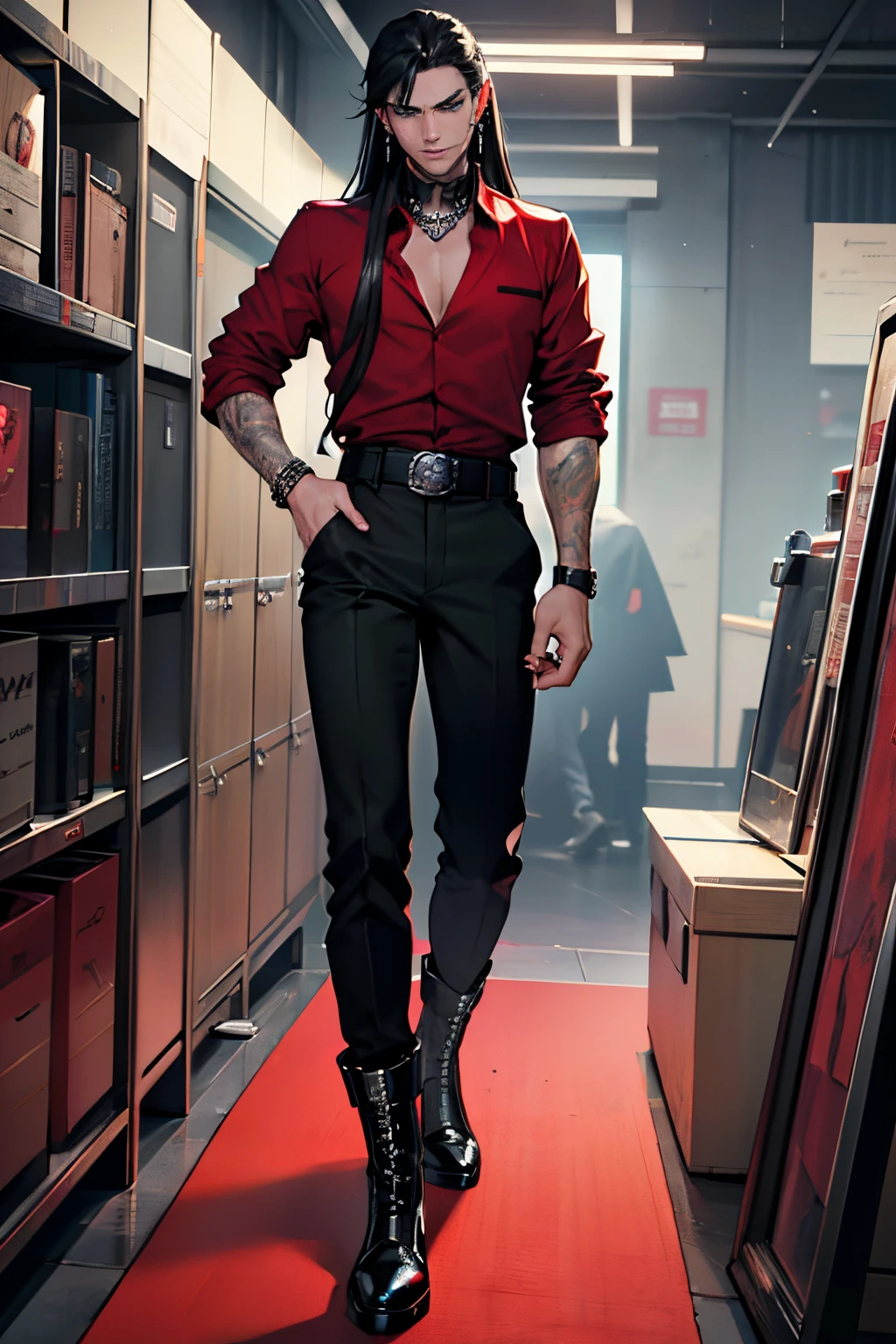 Guy with the long black hair, piercing blue eyes, 23 years old, cross earrings, piercing gaze, wearing (red wine ((elegant)) shirt) with black pants chinos, skull belt and black boots. He likes black humor and memes, listen do hard music like metal, rock or agressive trap and rap.