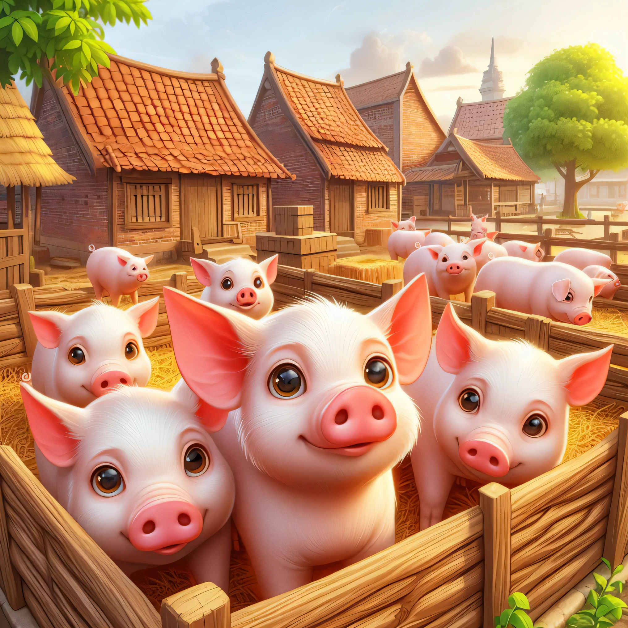 pigs in a pen with a barn in the background, pigs, cute detailed digital art, township, cute 3 d render, 3 d icon for mobile game, game cg, mobile game art, background artwork, tiny villagers, featured art, cute detailed artwork, 3 d game art, 3d game art, cute digital art, realistic 3 d style