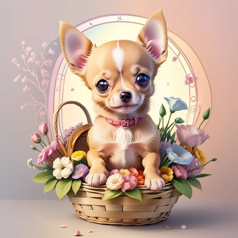 (cute baby chihuahua smiling with basket of flowers) Munchkin,Geometric multidimensional wall portrait, livro de arte, Tchibi,
Yang08k, Beautiful, Colouring,
Obras, of the highest quality, best quality, Arte Oficial, Beautiful and Aesthetic,