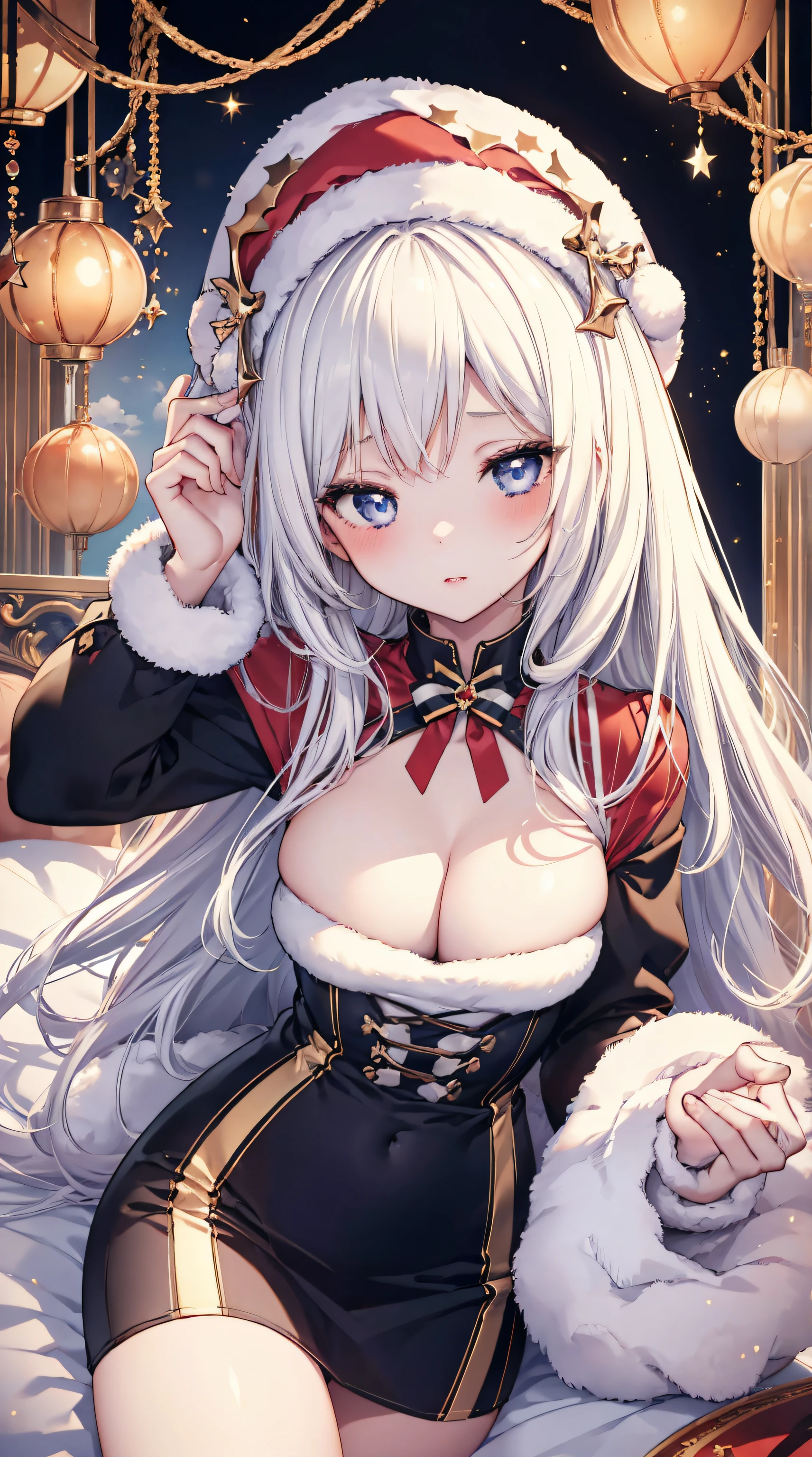 3fille, long noir, Blond, cheveux blancs, blanc, golden, yeux bleus, porter des clothes de Père Noël suggestifs, Chambre fille, Cadeau en main, rougissant, clivage, nombril, absurdes, high resolucion, Ultranet, 8k, Masterpiece, Regarder le spectateur, petit petit ouvert, Embarrassed