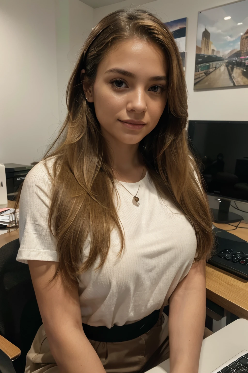 (austere:1.2),portrait,(professional,highres) photograph,(realistic:1.37) illustration,(vivid colors),(soft lighting),(detailed:1.1) facial expression,(ultra-detailed) face and eyes, (sharp focus),(studio lighting),30-year-old Latina woman with (long, flowing) blonde hair, (honey colored:0.9) eyes, (beautiful detailed) smile, sitting at a desk, working diligently on a computer, surrounded by a setup with a (clean, modern) monitor, keyboard, and mouse.