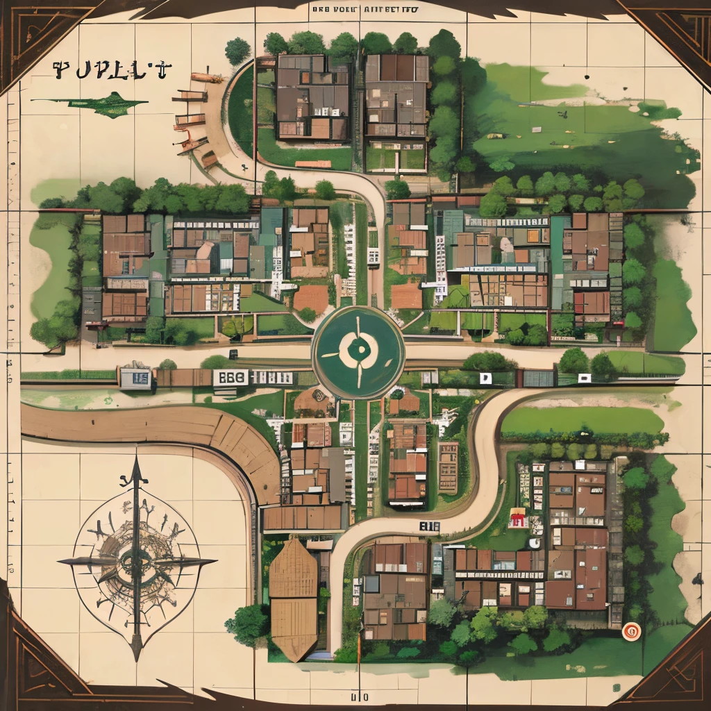Create a Battlemap for fantasy game. The map shows a top view of a city street, with giant-sized buildings. The city  old and  built of bricks and rocks. Some of the buildings have lost their roofs, while others have structural damage. There  a central pathway, paves with brown bricks. The buildings have a fair amount of spacing between them. --auto --s2