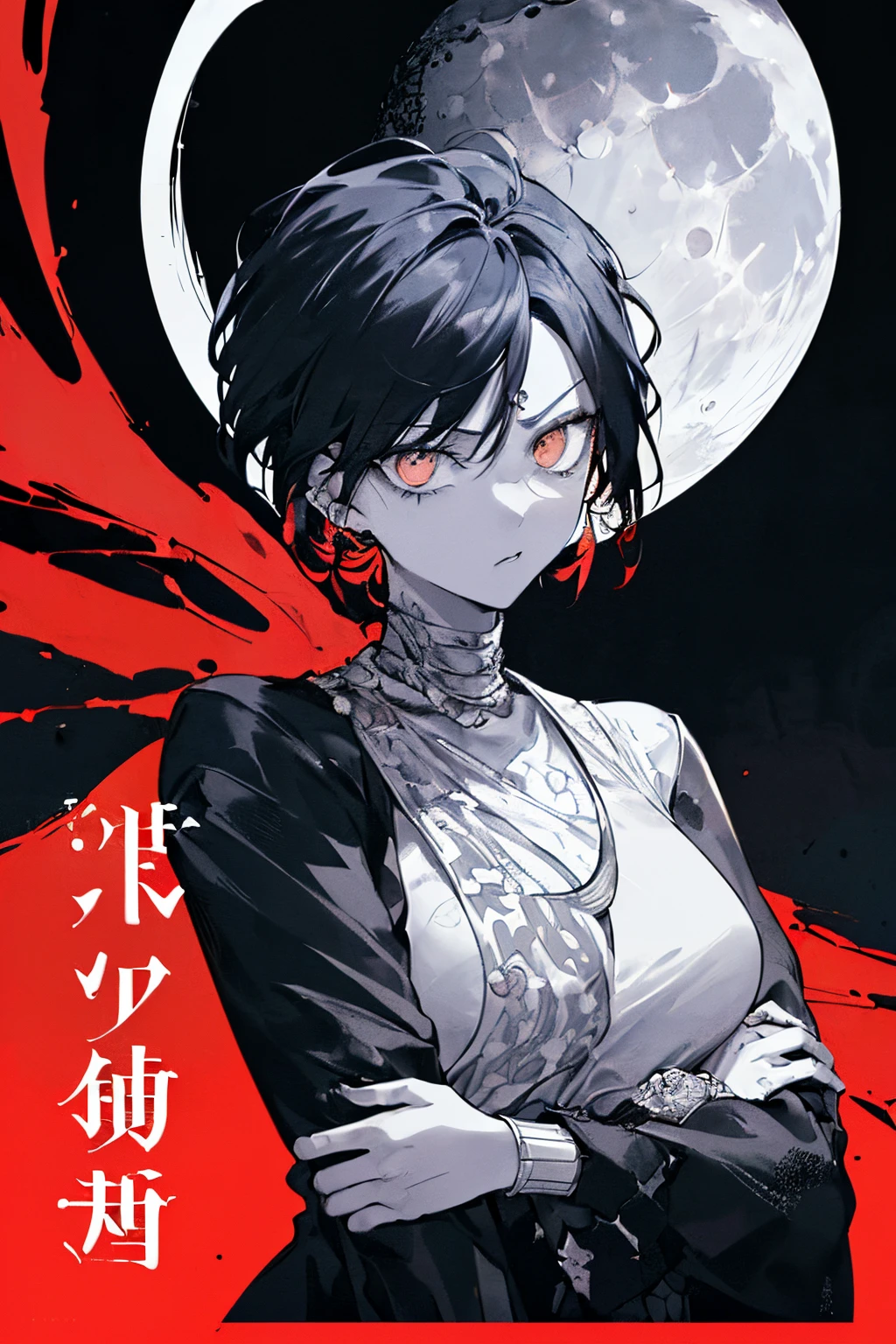 (((((moon in background))))),((((Dramatic))), (((gritty))), (((Formidable))) Movie poster featuring a young woman as the main character. She stands confidently in the center of the poster,moon in background, Wear stylish and edgy outfits, with a determined look on her face. The background is dark and grainy, with a sense of danger and intensity. Bold, attention-grabbing text, With a catchy tagline that adds to the overall sense of drama and excitement. Color palette with mainly dark colors sprinkled with bright colors, giving the poster a dynamic and visually striking appearance,Tachi-e (magazine:1.3), (cover-style:1.3), Fashionable, Woman, Vibrant, outfit, Posing, front, Colorful, Dynamic, Background, element in, which are full of confidence, expression, Holding, statement, accessory, An majestic, coiled, Around, Touch, Scene, Text, cover, Bold, captures the attention, titles, Stylish, Font, Catchy, headline, Larger, striking, Modern, Trendy, Focus, Fashion,
