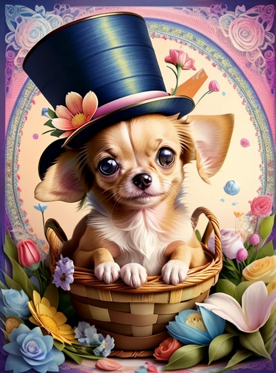 (cute baby chihuahua smiling with top hat and basket of flowers) Munchkin,Geometric multidimensional wall portrait, livro de arte, Tchibi,
Yang08k, Beautiful, Colouring,
Obras, of the highest quality, best quality, Arte Oficial, Beautiful and Aesthetic,