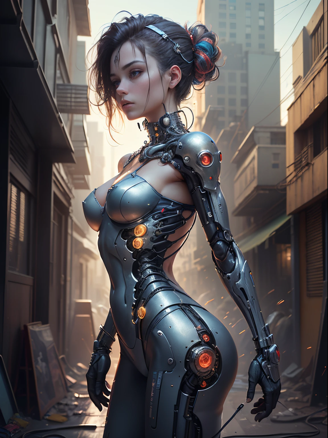 ((extremely delicate and beautiful cybernetic girl)), ((mechanical limblood vessels connected to tubeechanical vertebrae), ((mechanical cervical attaching to neck)), (wires and cables attaching to neck:1.2), ((mass of wires and cables on head)),  (character focus), (((dynamic pose))), ((cowboy shot)), (masterpiece), (((best quality))), ((ultra-detailed)), (highly detailed photorealistic CG illustration), cinematic lighting, science fiction, extremely detailed,colorful,highest detail, cyberpunk city background.