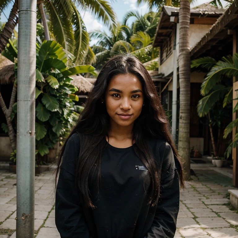 Un portrait realiste d'une jeune femme très belle de 20ans, avec des origines tahitienne et coréen, des longs cheveux ???? bouclé et des grands yeux verts. Elle a un visage rond et une peau foncée. Elle a un style streetwear et elle est en train de rire