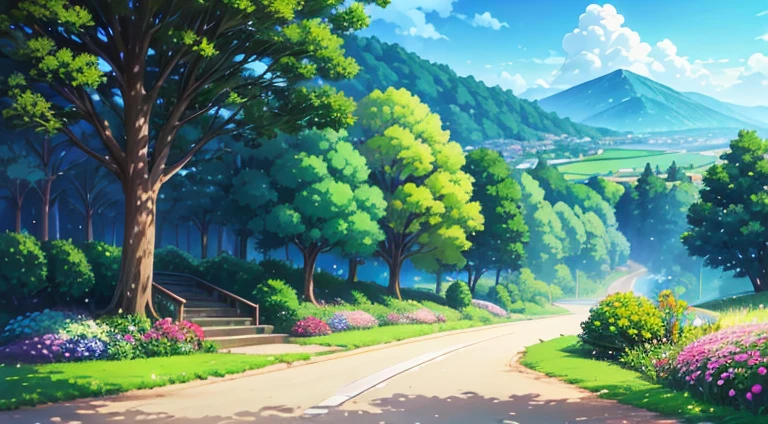 (((best quality)))), an umlaut on a hill with a path leading to it, anime countryside, anime background art, anime scenery, soft studio ghibli concept art, beautiful anime scenery, anime set concept art, studio ghibli concept art, ghibli studio environment, anime landscape, beautiful anime scene, Glibly Makoto Shinkai Studio, Ghibli Studio Landscape, Cottagecore!!