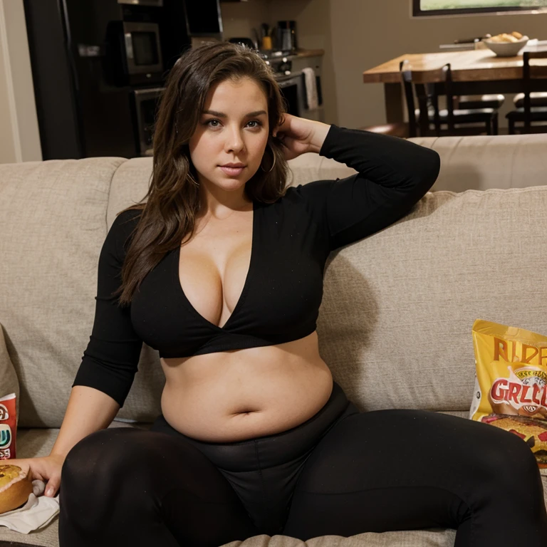 Sarati Callahan, sarati, Sarah Callahan, sitting on couch, junk food sitting around, holding a burger, bloated belly, black leggings, chubby, gaining weight, realistic, perfect