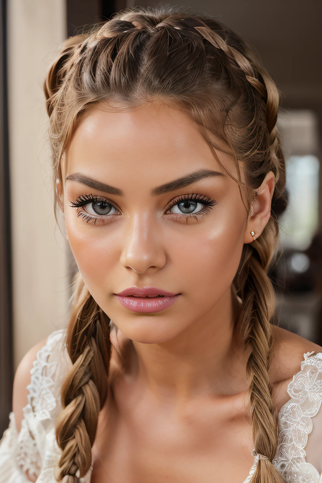 (8k, 4k, best quality, highres, ultra high res:1.1), (masterpiece, realistic, photo-realistic:1.1), 1girl,  face, close-up, pigtails, braids , blonde hair, black eyes, red lips,((big breast)), (big cleavage), (big cuvy hips), (narrow waist )  (looking at viewer:2), absurdly long hair, long eyelashes, eyeshadow,  small face, big eyes,bare shoulders, high contrast,ultra-high-definition, outstanding details, 8K, Blush face, attractive collarbone, sexy shoulders, blushing cheeks, nikon z9, 30mm lens, sharp focused face, f/4, iso 200, shutter 1/250, beauty light, medium shot, raw ,intricately detailed, award winning photograph, good contrast, high sharpness, facial symmetry, bokeh, ultra-detailed