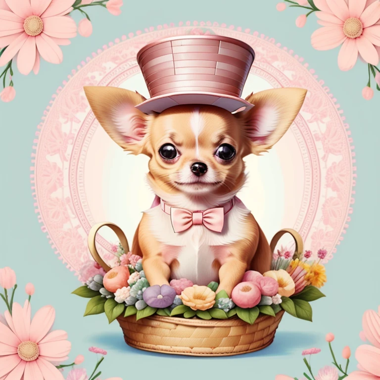 (cute baby chihuahua smiling with pink top hat and basket of flowers) Munchkin,Geometric multidimensional wall portrait, livro de arte, Tchibi,
Yang08k, Beautiful, Colouring,
Obras, of the highest quality, best quality, Arte Oficial, Beautiful and Aesthetic,
