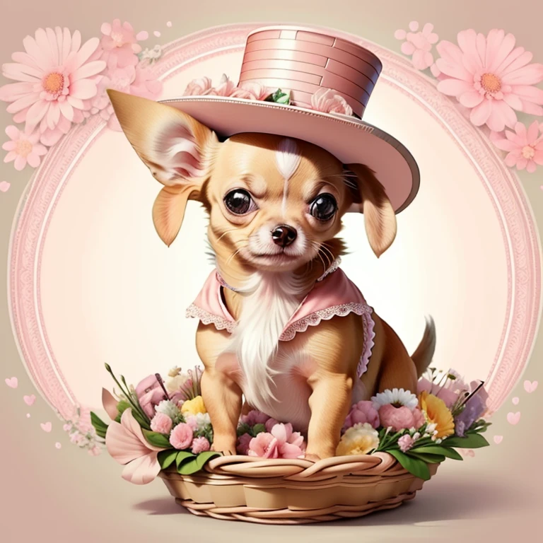 (cute baby chihuahua smiling with pink top hat and basket of flowers) Munchkin,Geometric multidimensional wall portrait, livro de arte, Tchibi,
Yang08k, Beautiful, Colouring,
Obras, of the highest quality, best quality, Arte Oficial, Beautiful and Aesthetic,