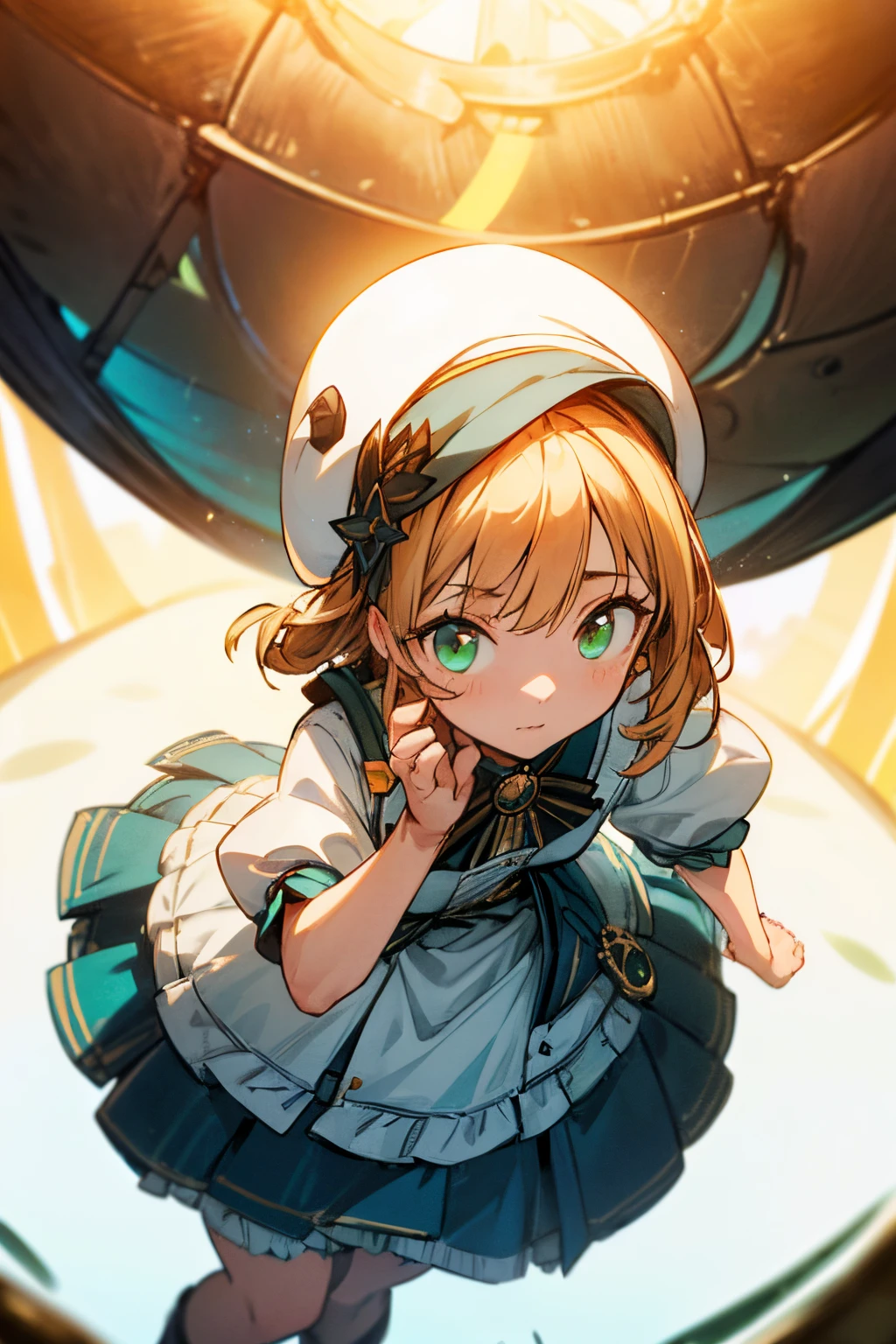 (One girl、Dressed in a dress and hat, girls' frontline, Midsummer themed costumes, multilayered outfit,Dressed, Mid summer、Soio、Top image quality, Transverse conveying，Half-length picture，largeeyes，eye closeup，（with short golden hair），（Green eyes），hair scrunchie，small thighest qualtiy， （stocklings，Elaborate Eyes, head looking up，Reasonable body structure，Young，Extremely detailed face, Perfect lighting, Extremely detailed CG, (Perfect hands, Perfect anatomy)