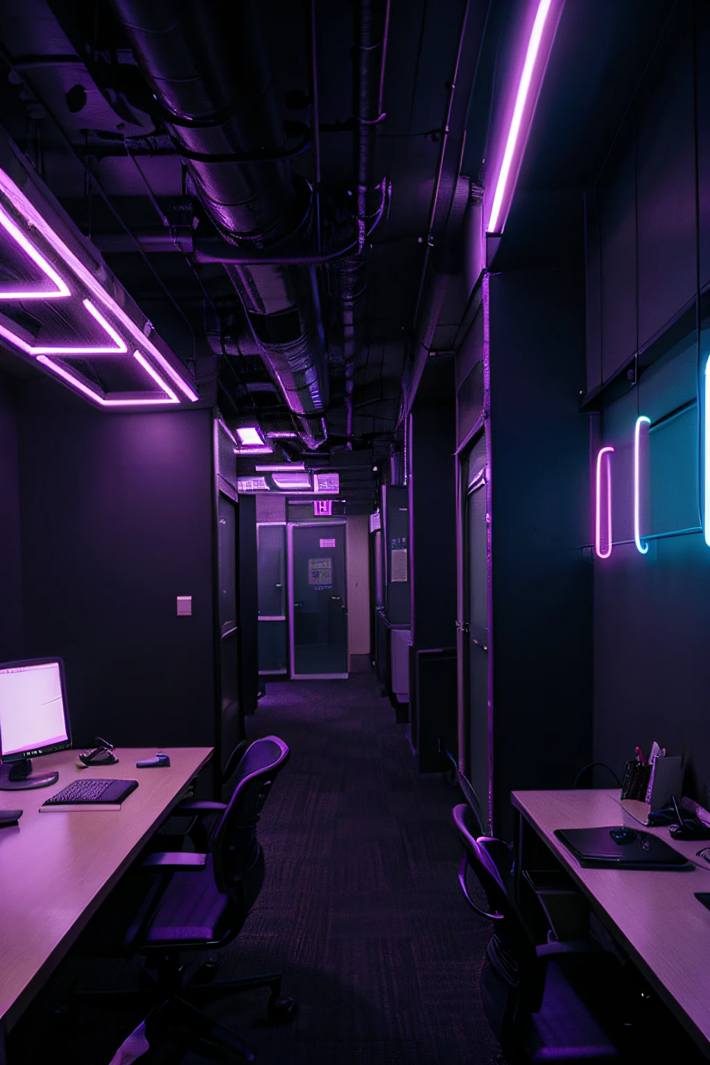 office building , cyber punk, purple neon lights, no humans, no people