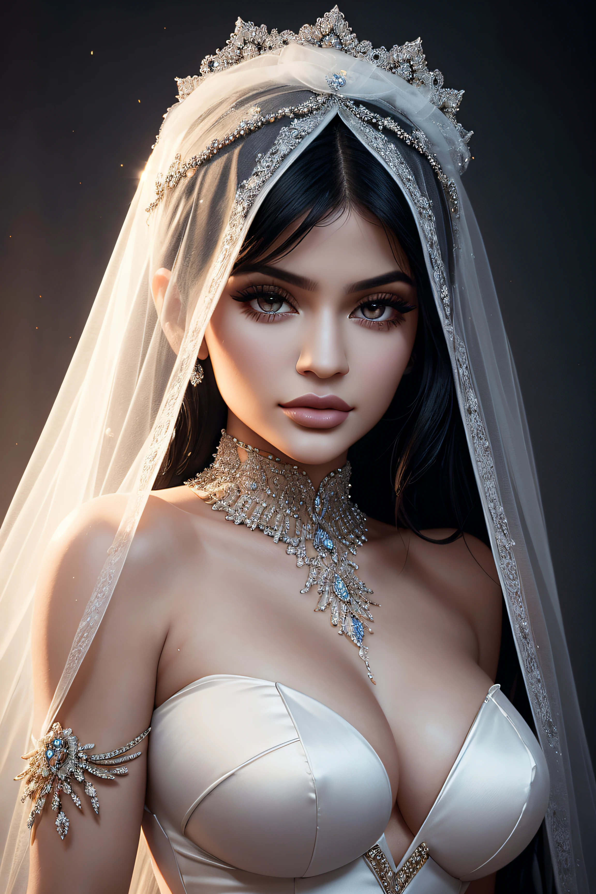 Kylie Jenner, wearing veil bride sexy clothes transparent. professionally retouched, soft lighting, realistic, smooth face, perfect eyes, sharp focus on eyes, 8 k, high definition, insanely detailed, intricate, elegant. in a background.