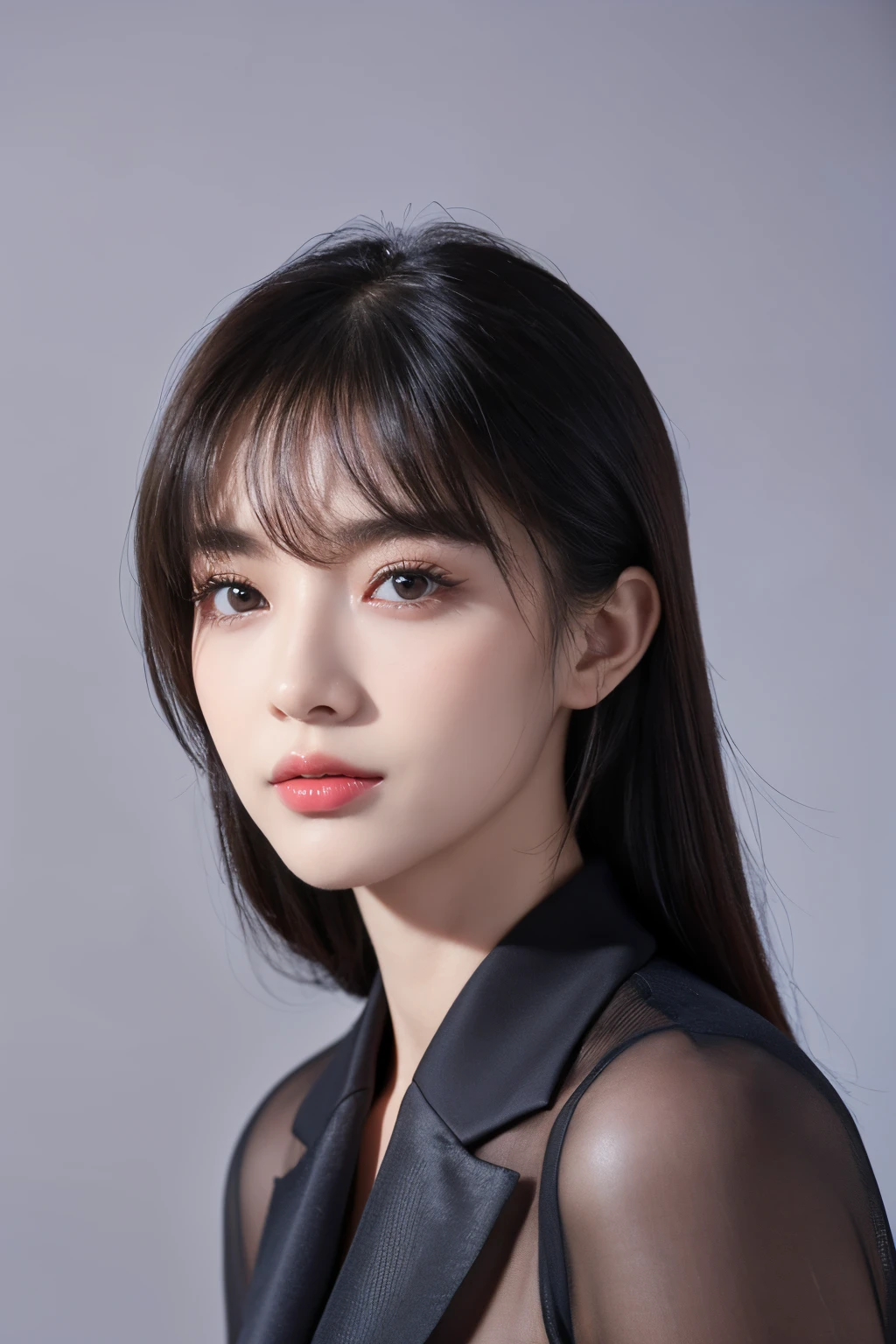 tmasterpiece,Best quality,A high resolution,8K,(Portrait photograph:1.5),(Head close-up),(ROriginal photo),real photograph,digital photography,(Girls in the workplace),(Female president),20岁女孩,random hair style,By bangs,(Red eyes),Serious and obsessed with breasts, accessories,Keep one's mouth shut,elegant and charming,Serious and arrogant,Calm and handsome,(Women's professional attire),Photo pose,Realisticstyle,gray world background,oc render reflection texture