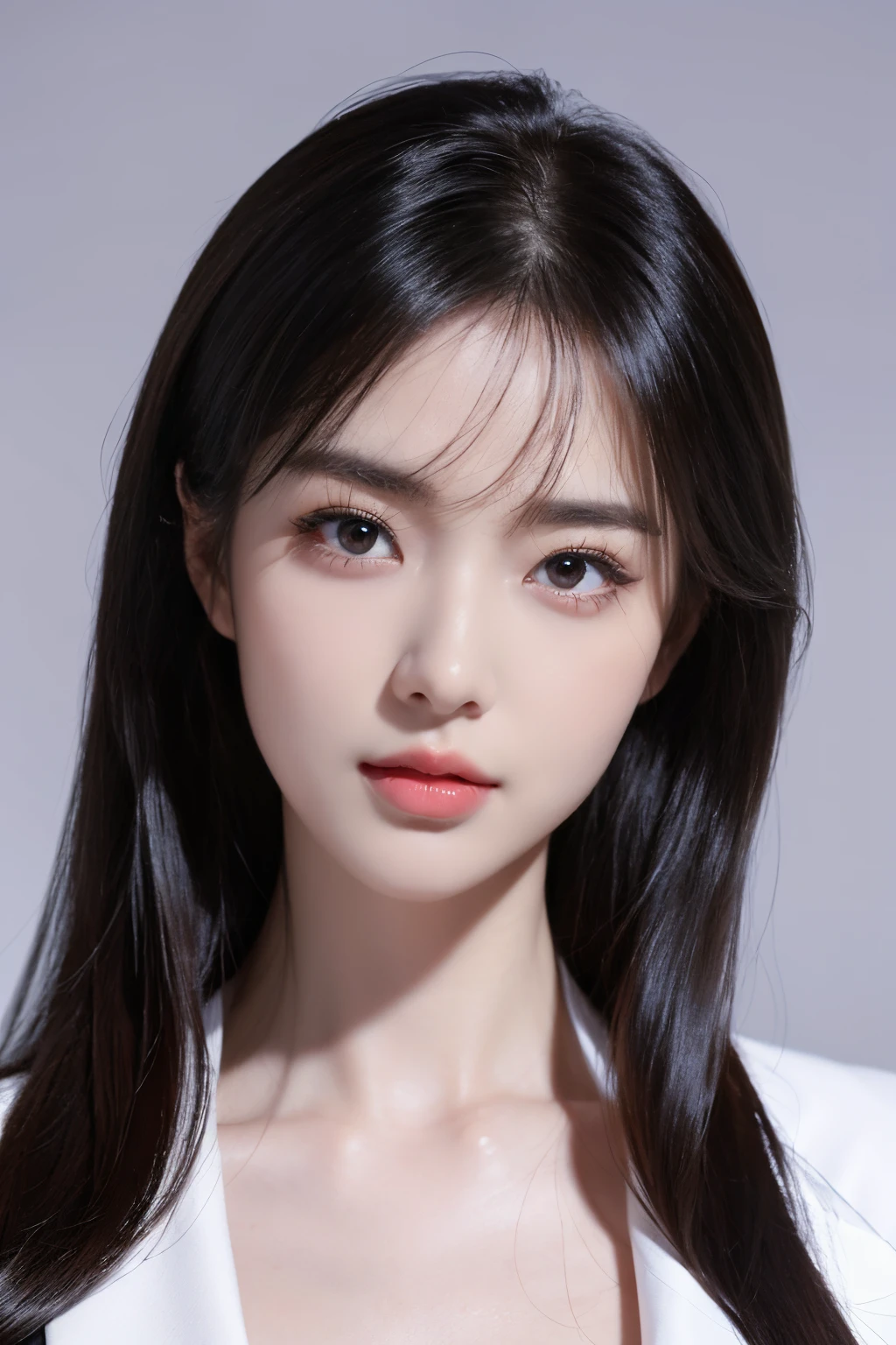 tmasterpiece,Best quality,A high resolution,8K,(Portrait photograph:1.5),(Head close-up),(ROriginal photo),real photograph,digital photography,(Girls in the workplace),(Female president),20岁女孩,random hair style,By bangs,(Red eyes),Serious and obsessed with breasts, accessories,Keep one's mouth shut,elegant and charming,Serious and arrogant,Calm and handsome,(Women's professional attire),Photo pose,Realisticstyle,gray world background,oc render reflection texture