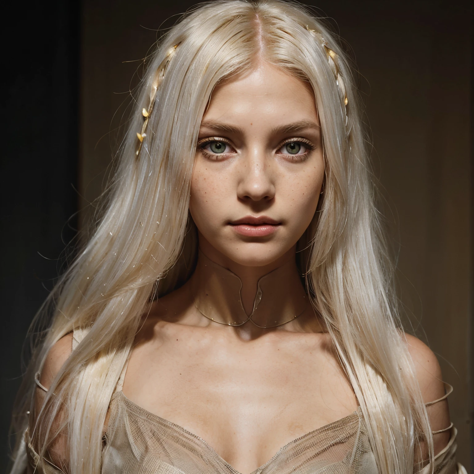 long blondish white hair lighter than her skin which is tan and full of freckles, she has wings the same color as her hair that fade into a dark brow, she dresses modest, she has yellow eyes and a greek nose structure she has a resting face expression and she has yellow eyes, arcane art style