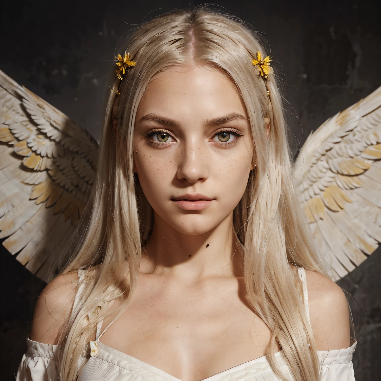 long blondish white hair lighter than her skin which is tan and full of freckles, she has wings the same color as her hair that fade into a dark brow, she dresses modest, she has yellow eyes and a greek nose structure she has a resting face expression and she has yellow eyes, arcane art style