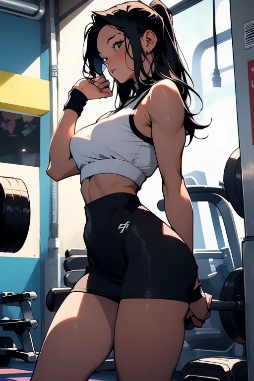 Beautiful black hair girl,perfect shape, short skirt, in a gym, fitness clothing, sweaty, high socks,
