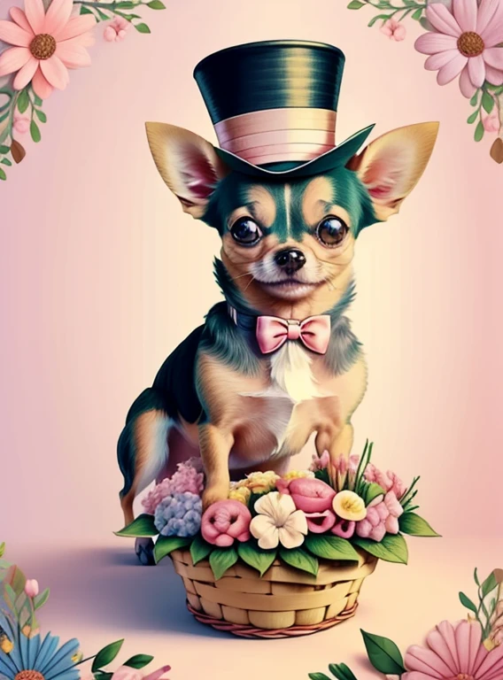 (cute baby chihuahua smiling with pink top hat and basket of flowers) Munchkin,Geometric multidimensional wall portrait, livro de arte, Tchibi,
Yang08k, Beautiful, Colouring,
Obras, of the highest quality, best quality, Arte Oficial, Beautiful and Aesthetic,