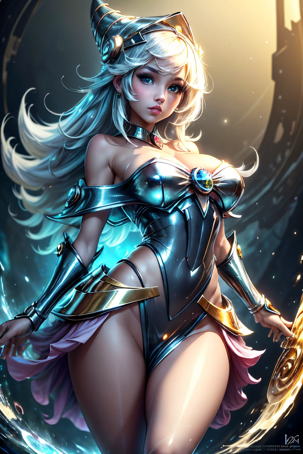 solamente, Super fine photo, Unreal Engine 5 8K UHD digital art portrait of a girl, Arte conceptual, character concept design, wearing a tight, shiny white dress with metallic details, corona de oro, ojos azules, fantasy princess, guante metalico, cabello largo y rubio, La mejor calidad, Obra maestra, Super detailed, foco nítido, pose Sujestiva y sexy y inocente y sensual