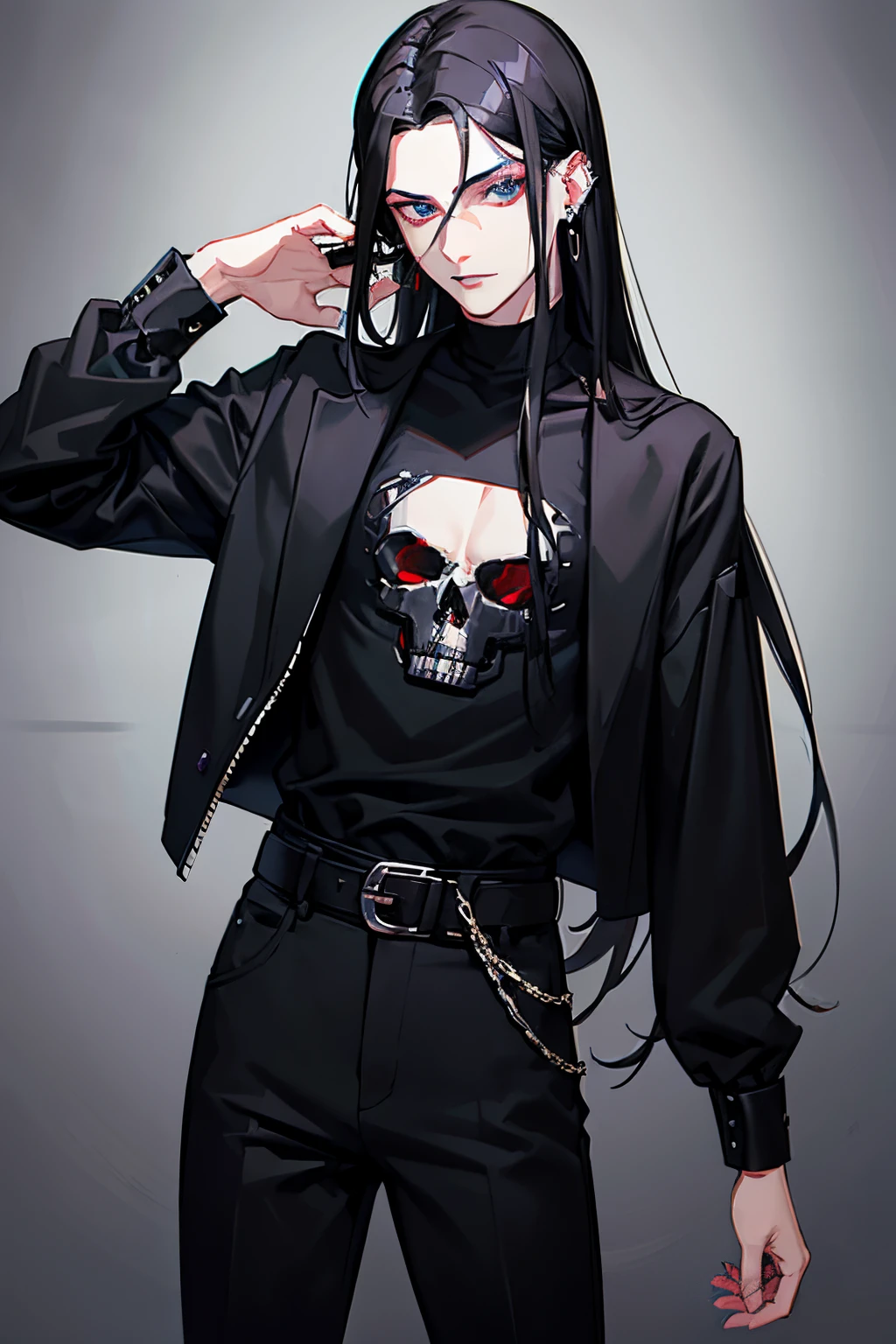 Guy with the long black hair, piercing blue eyes, 23 years old, cross earrings, piercing gaze, wearing (red wine ((elegant)) shirt) with black pants chinos, skull belt and black boots. He likes black humor and memes, listen do hard music like metal, rock or agressive trap and rap.