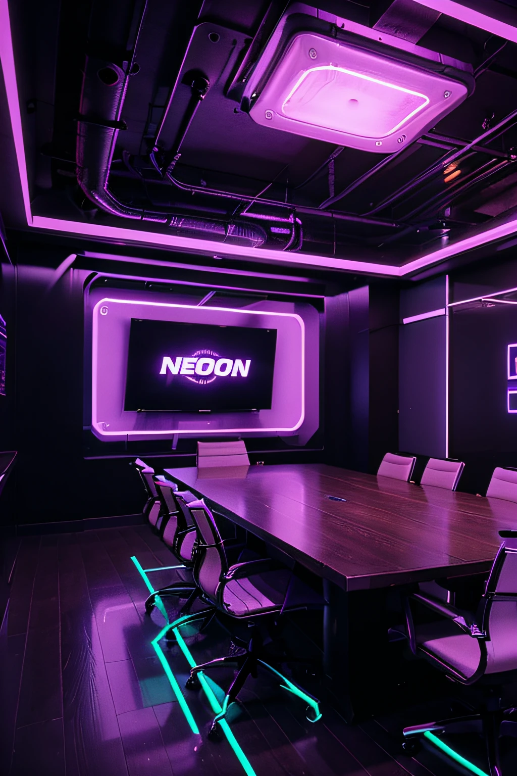 meeting room, board room , cyber punk, purple neon lights, no humans, no people
