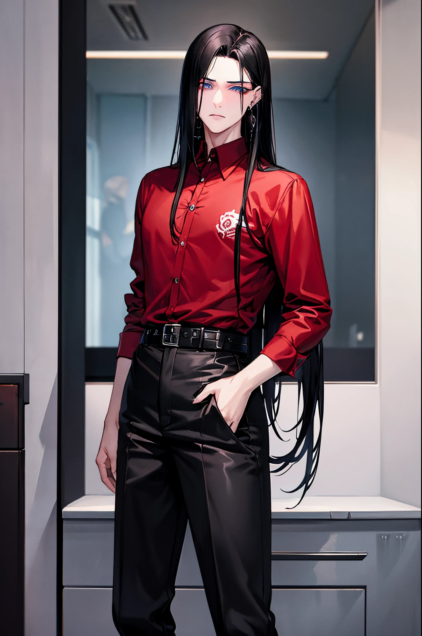 Guy with the long black hair, piercing blue eyes, 23 years old, cross earrings, piercing gaze, wearing (red wine ((elegant)) shirt) with black pants chinos, skull belt and black boots. He likes black humor and memes, listen do hard music like metal, rock or agressive trap and rap. Detailed face