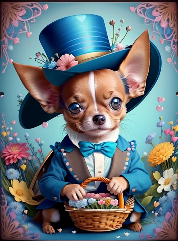 (cute brown  chihuahua smiling with blue top hat and basket of flowers and hearts) Munchkin,Geometric multidimensional wall portrait, livro de arte, Tchibi,
Yang08k, Beautiful, Colouring,
Obras, of the highest quality, best quality, Arte Oficial, Beautiful and Aesthetic,