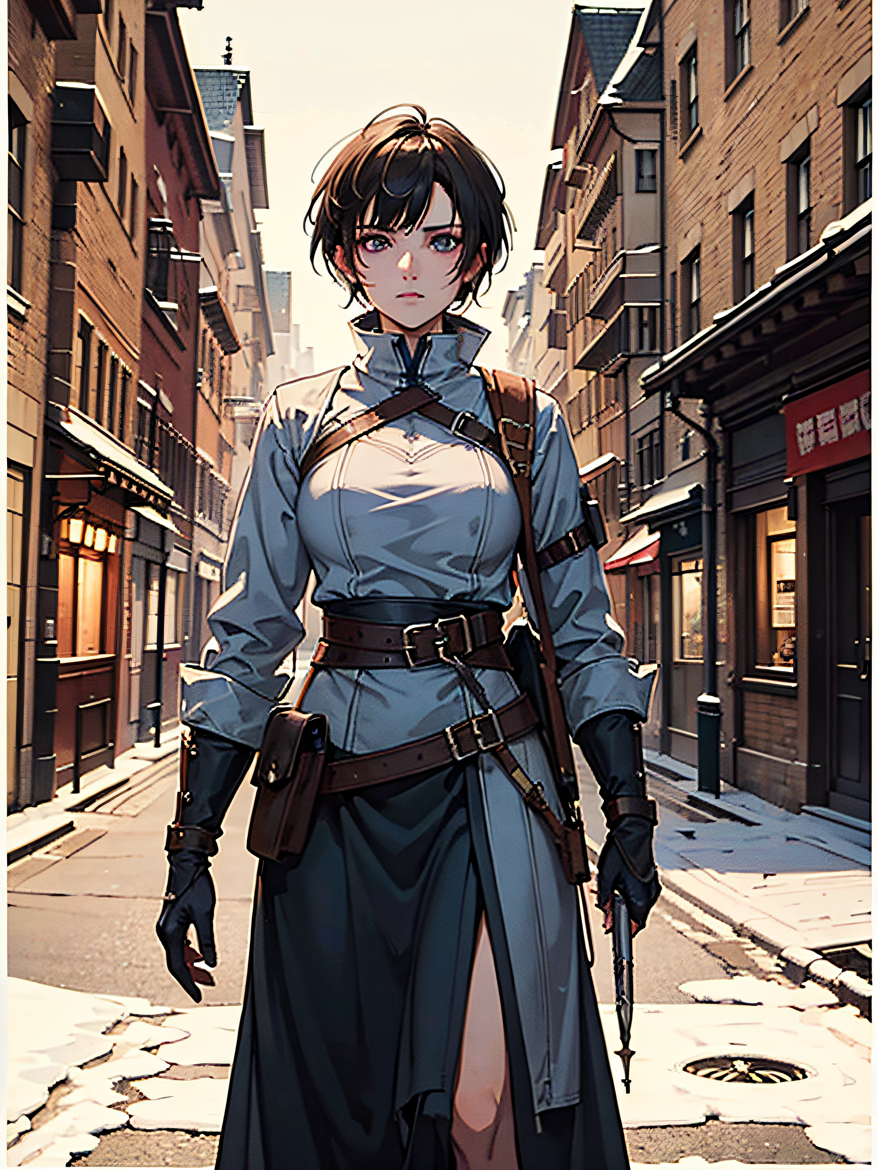 ((best quality)), ((masterpiece)), (detailed), perfect face, nordic dark hair warrior, huntress, adult woman, assasin, asymmetrical very short haircut, heroine, medieval setting, strong, full height, winter, middle age