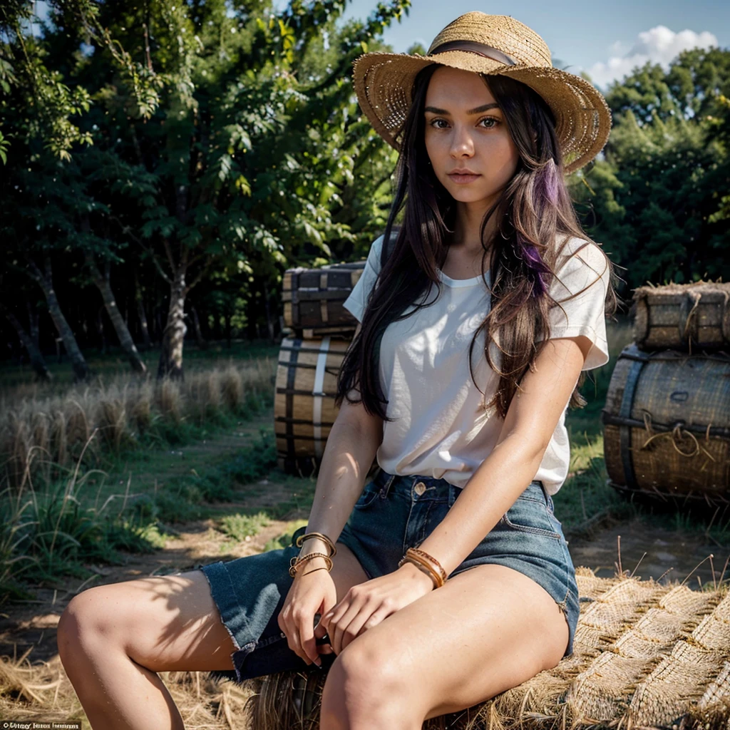 ((only one girl)), ((one girl)), Hanna, a 21 year old girl, 1.70 meters tall, weighs 49 kg, has very long and straight dark purple hair, has big green eyes, wears gold earrings and bracelets , always has a smartwatch on wrist, in the countryside, sitting on hay bales, wearing farmer's clothes and a straw hat, ((hands on legs)), ultra realistic style, (seed 3978045937)