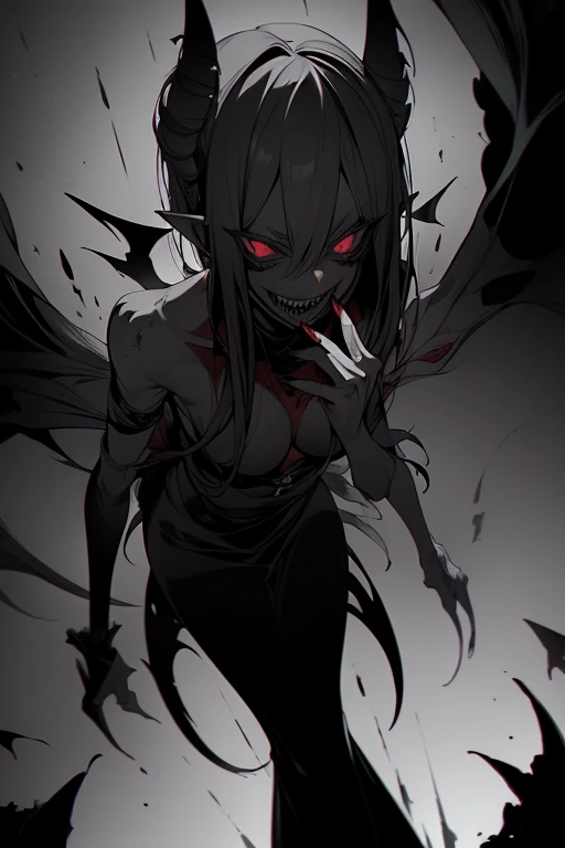 horror, style, GloomyNightmareAI fullbody masterpiece shot with f/5.6, horrifying, (terrifying super scary demon woman,long dark hair, sharp ears, sharp teeth, long nails, scary dark skin:1.2) (skin intricate details:1.2) (menacing laugh:1.2) (showing long finger nails:1.2) (game art, harry potter, visage, silent hill 2) (queen of hell:1.3) (unreal engine 5) (unity) (8k) (dynamic scary, eerie, horrifying dark moody lighting:1.2) (perfect for phone wallpaper:1.2)