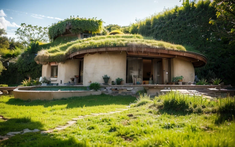 A photograph of a symmetrical contemporary wattle and daub house with (((one hyperbolic paraboloid green roof))) and (((biological pool))) and ((base wall foundation)) in a tropical backyard, mustard yellow terracota plaster walls (((rustic clay stucco))), ((corner walls rounded)), ((rustic clay plaster)), (((terracotta walls with rounded corners, organic curves))), (((rustic earth plaster, mud))), (((hyperbolic-shaped green roof with wooden edge))), (((wooden roof structure, wooden rake, wooden fascia board))), eaves, ((roof with wooden structure)), In Bahia (((tropical garden))), ((natural houses, organic buildings, organic architecture)), ecovillage, sustainable architecture, bioconstruction architecture, solarpunk architecture, (((grass roof, green roof, green wave roof, rounded roof, vegetated roofs))), (((rock base foundation wall, foundation height 30cm, stone base wall 30cm high))), ((green architecture)), passive house, clear sky in the background, painful beauty, modern, imposing, green house, ((Bali hobbit Hadid Style)), super resolution, cinematic, color grading, editorial photography, photography, photo shoot, (((dramatic front eye top angle view))), O 50mm, depth of field, intricate details, natural colors, sharp focus, warm light, shutter speed 1/1000, F/22, White Balance, Ray Trace Reflections, Lumen Reflections, Screen Space Reflections, Diffraction Rating, Chromatic Aberration, GB Shift, Partial Lighting, Backlighting, Daylighting, Scan Lines, ambient occlusion, antialiasing, shaders, OpenGL-Shaders, GLSL-Shaders, Post-processing, post-production, shading, tone mapping, incredibly detailed and complex, hypermaximalist, elegant, hyperrealistic, super detailed, dynamic pose, Fujifilm XT