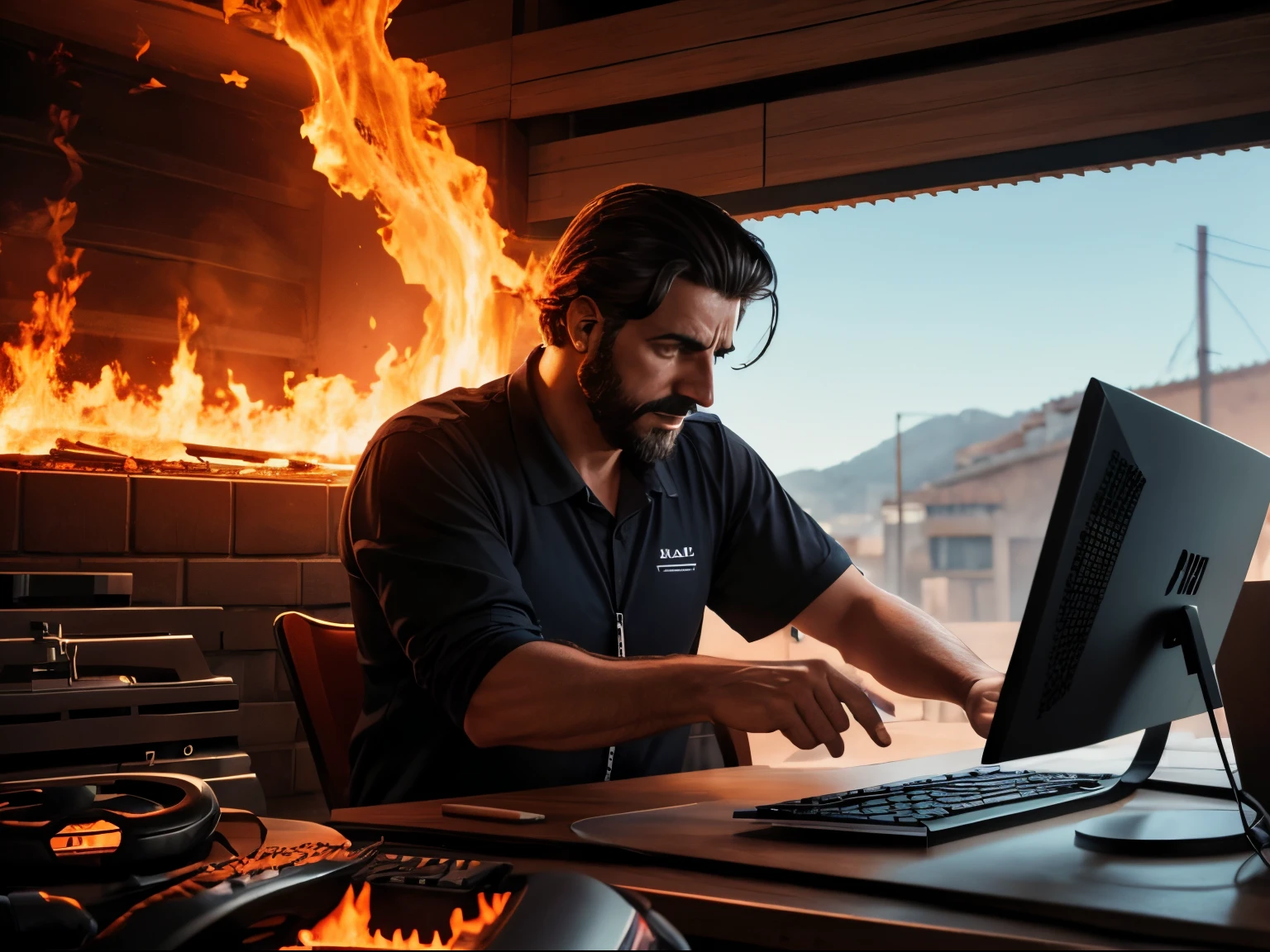 Hombre de espaldas ignorando el fuego mientra usa su PC